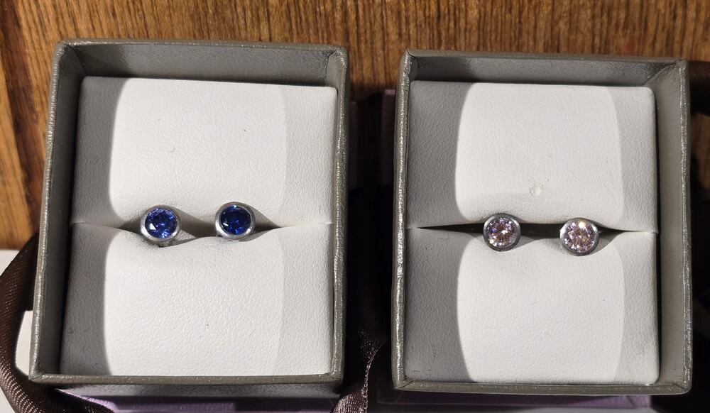 Michael Hill Stud Earrings Lot 2 Pairs Round Blue Pink Silver Tone Boxed